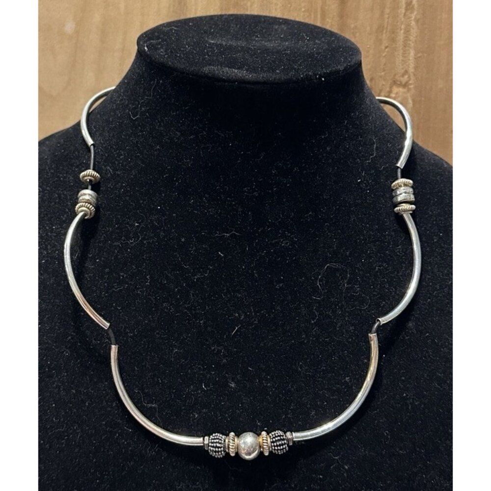 Lizzy James Silver Tone  Tubes on Black Leather Cord  Necklace USA